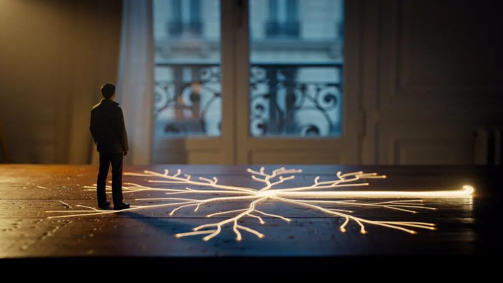 Silhouette d'un internaute français plongé dans la réflexion face à de multiples chemins lumineux symbolisant un parcours d'achat en ligne