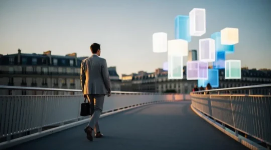 Professionnel en reconversion traversant symboliquement un pont vers un environnement urbain numérique français, illustrant le changement de métier vers le digital