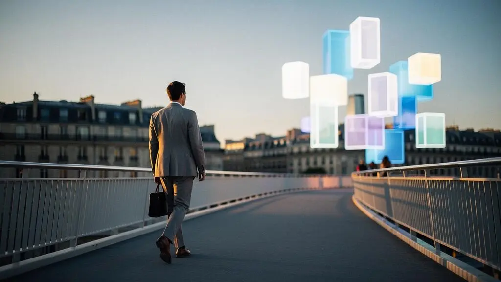 Professionnel en reconversion traversant symboliquement un pont vers un environnement urbain numérique français, illustrant le changement de métier vers le digital