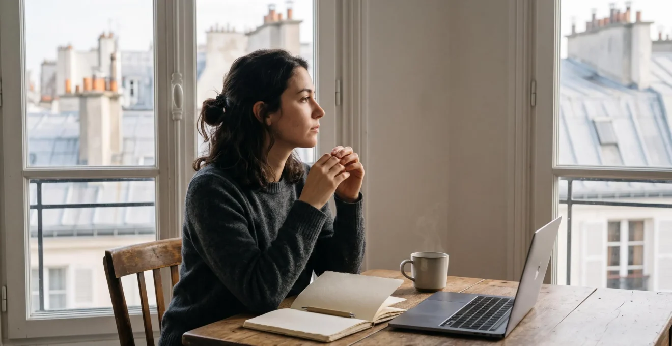 Rédacteur français au petit matin, notebook vierge ouvert sur une table en bois, symbolisant l'écriture d'un contenu authentique et utile