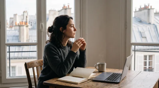 Rédacteur français au petit matin, notebook vierge ouvert sur une table en bois, symbolisant l'écriture d'un contenu authentique et utile