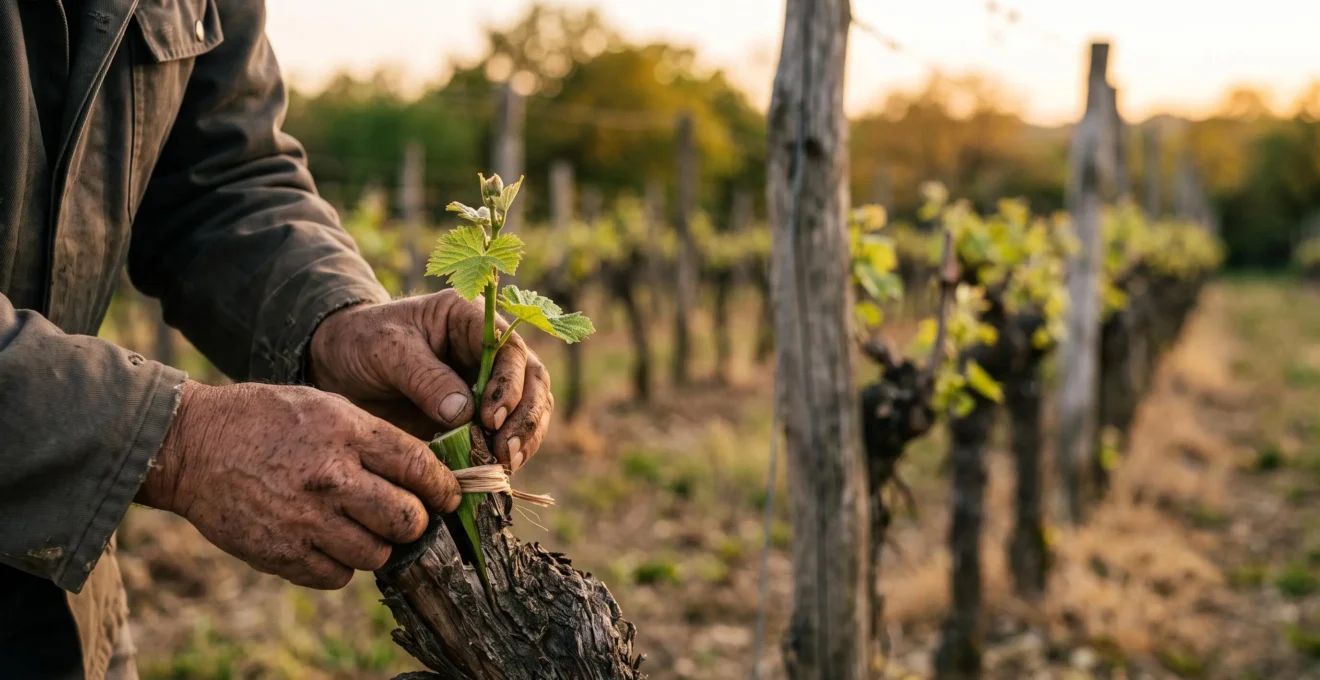 Une main soigne la nouvelle pousse d'une plante ancienne dans un jardin francais, symbolisant la renaissance d'un contenu SEO existant