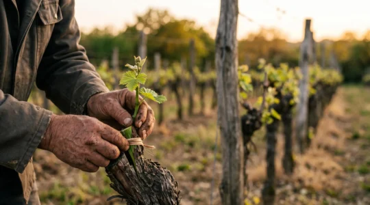 Une main soigne la nouvelle pousse d'une plante ancienne dans un jardin francais, symbolisant la renaissance d'un contenu SEO existant