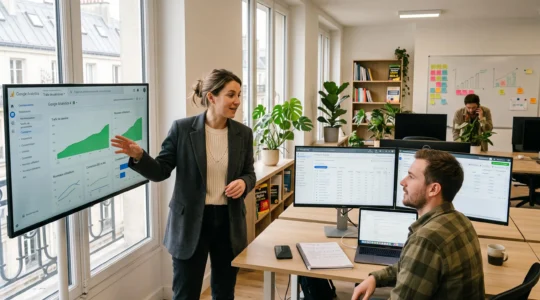 Responsable marketing digital pointant des métriques de trafic sur un grand écran Analytics dans un open space d'agence parisienne moderne, en discussion avec un traffic manager devant des interfaces publicitaires Google Ads et Meta Ads