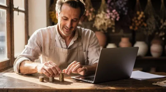 Entrepreneur francais planifiant sa premiere campagne de marketing digital avec un budget maitrise