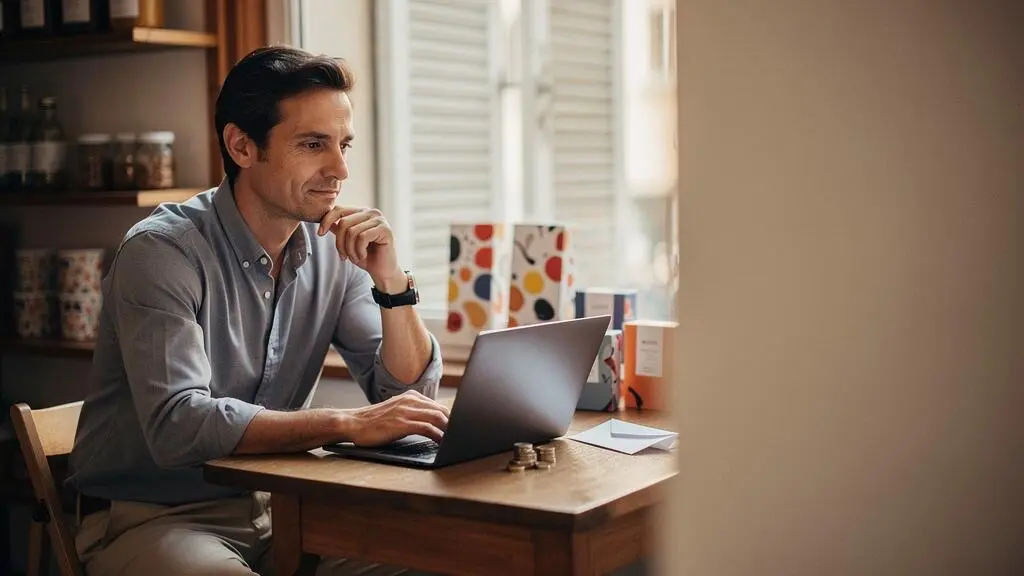 Entrepreneur francais concentre sur le lancement prudent d'une campagne publicitaire en ligne avec un budget limite