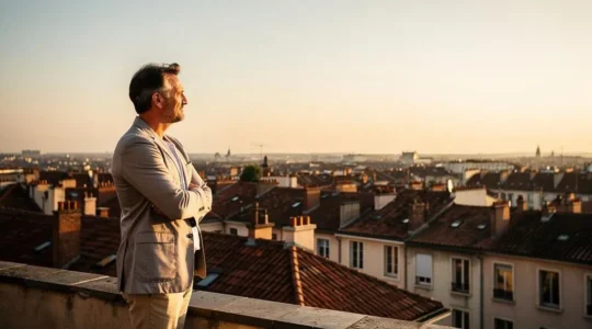 Entrepreneur francais observant sa ville depuis un point eleve, symbole de l'ascension organique dans les resultats Google sans publicite payante