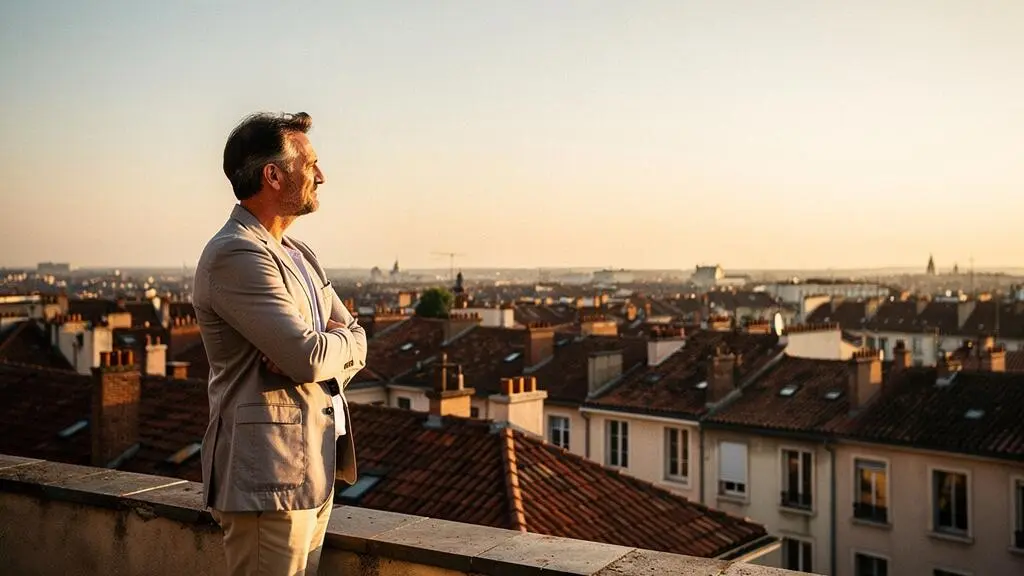 Entrepreneur francais observant sa ville depuis un point eleve, symbole de l'ascension organique dans les resultats Google sans publicite payante