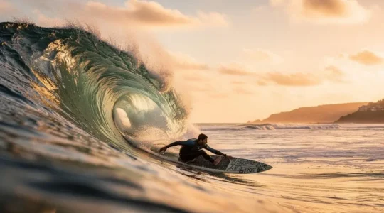 Un surfeur capte une vague au lever du soleil sur la côte atlantique française, symbolisant l'art de saisir une tendance virale au bon moment pour le trafic web