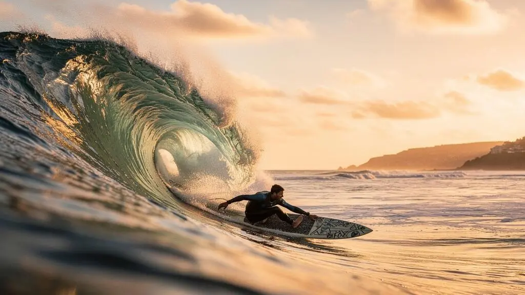 Un surfeur capte une vague au lever du soleil sur la côte atlantique française, symbolisant l'art de saisir une tendance virale au bon moment pour le trafic web