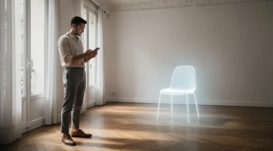 Un entrepreneur francais teste une experience de realite augmentee sur un smartphone pour visualiser un meuble dans un appartement parisien