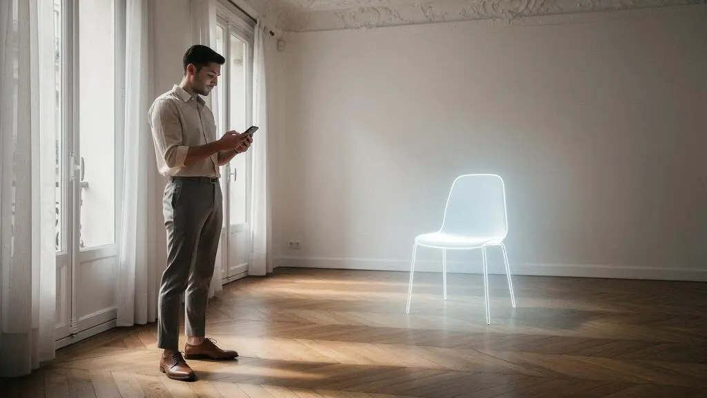 Un entrepreneur francais teste une experience de realite augmentee sur un smartphone pour visualiser un meuble dans un appartement parisien