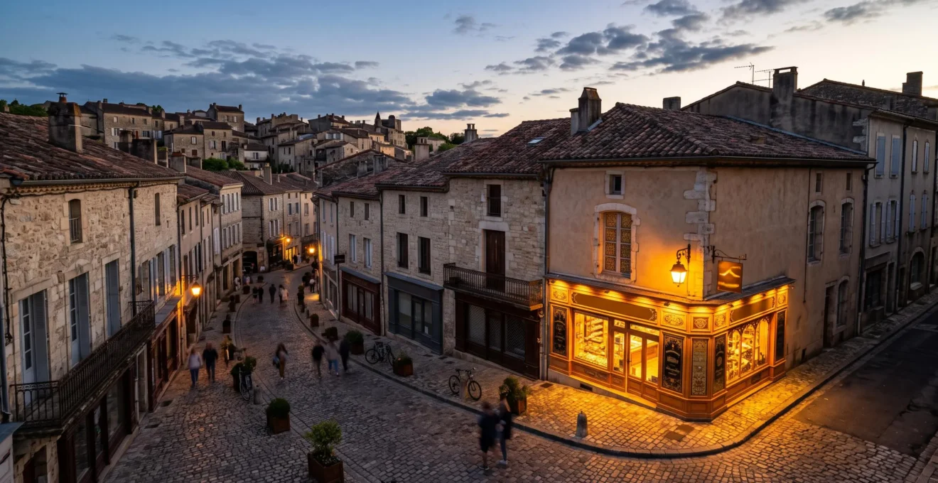Vue stylisee d'une rue commercante francaise illustrant la visibilite locale sur Google Maps
