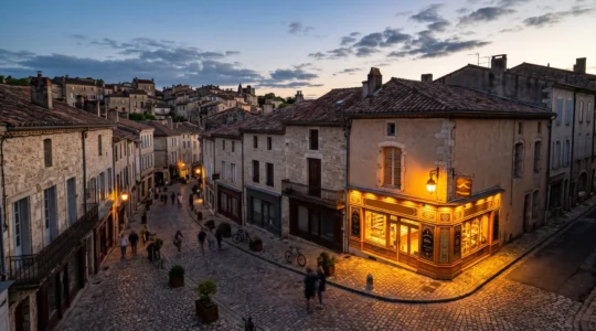 Vue stylisee d'une rue commercante francaise illustrant la visibilite locale sur Google Maps