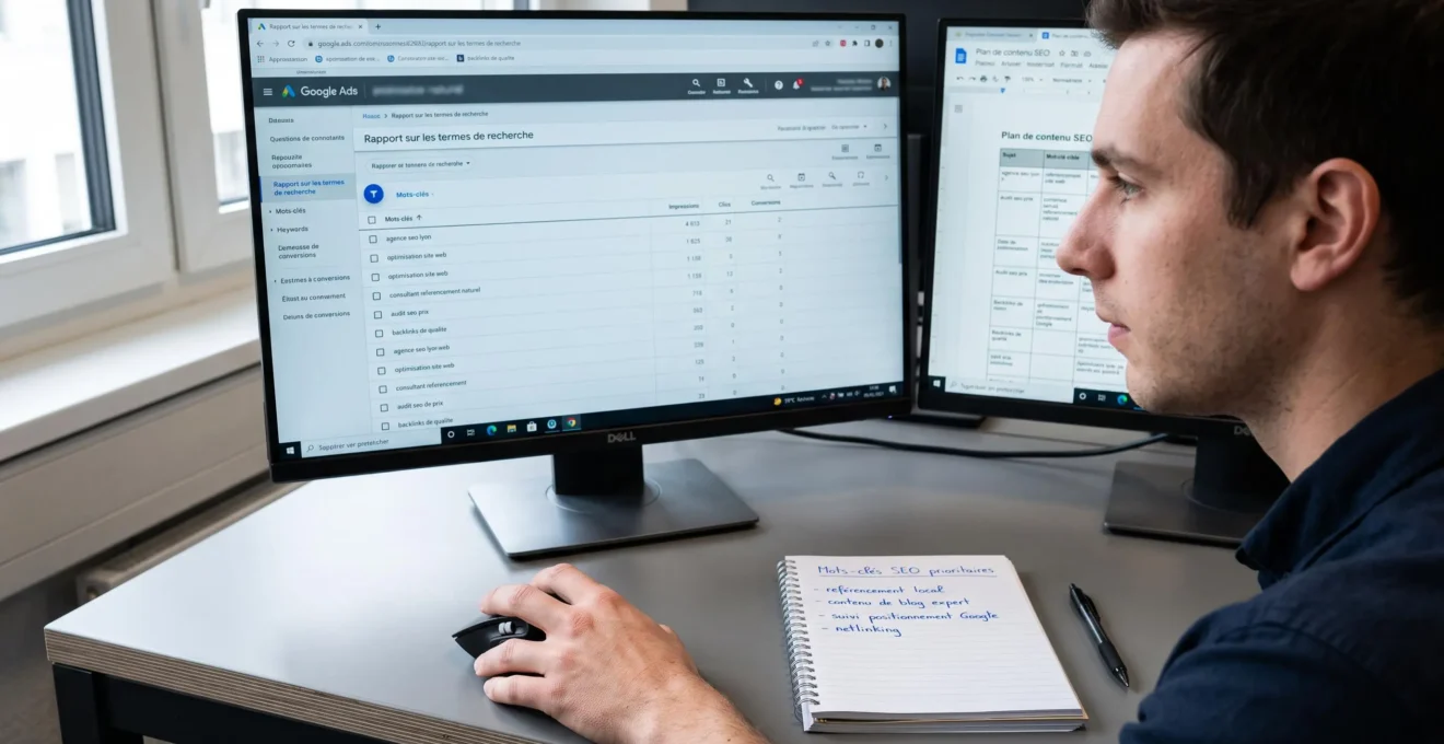 Gros plan sur les mains d'un traffic manager analysant le rapport Termes de recherche Google Ads à l'écran, avec un carnet manuscrit listant les mots-clés SEO prioritaires identifiés