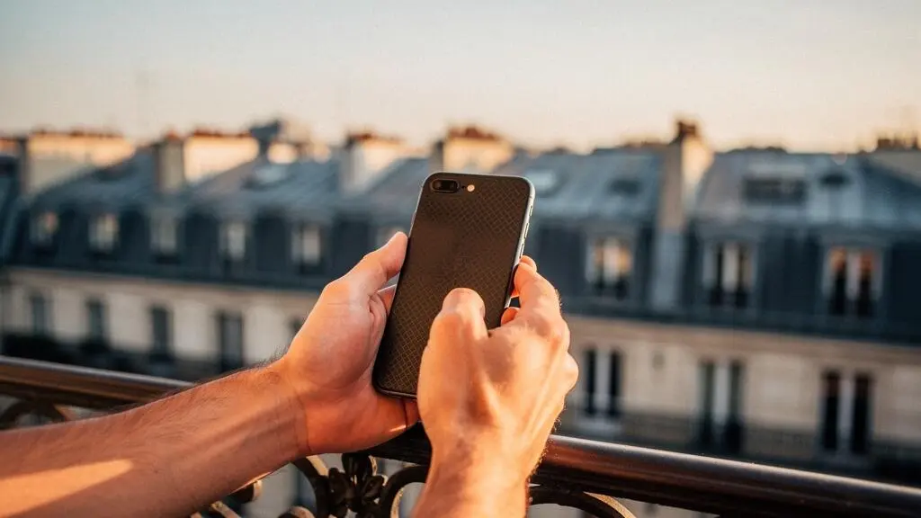 Photographie éditoriale symbolisant la transformation d'un site desktop vers une expérience mobile fluide, mains tenant un smartphone dans un cadre urbain français contemporain
