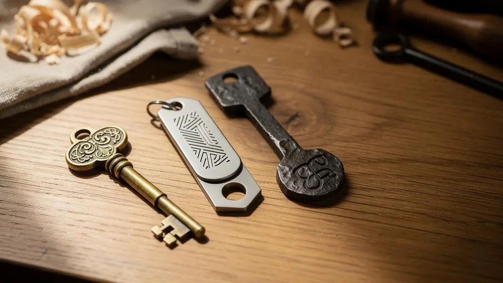Trois clés artisanales de styles différents posées sur un bureau en bois, symbolisant le choix entre WordPress, Shopify et le développement sur-mesure