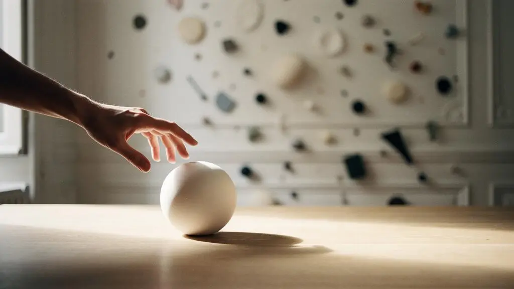 Une main atteint directement un objet net et lumineux au milieu d'un decor epure et flou, symbolisant la rapidite de navigation sur un site web bien concu