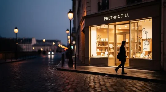 Vitrine d'une boutique artisanale française élégamment éclairée, symbolisant un webdesign qui attire et convertit les visiteurs