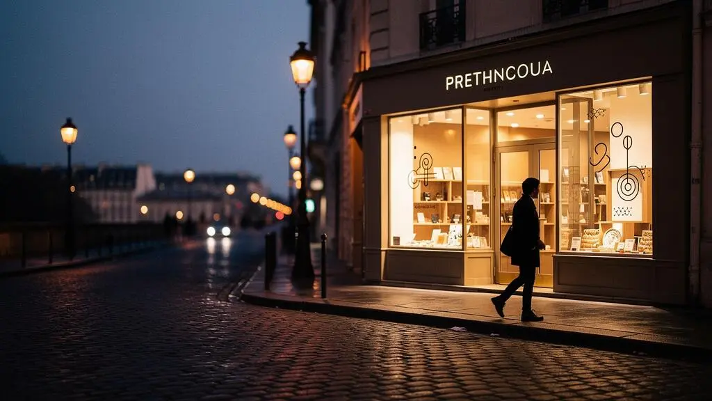 Vitrine d'une boutique artisanale française élégamment éclairée, symbolisant un webdesign qui attire et convertit les visiteurs